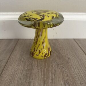 Murano‎ Style Art Glass Mushroom Paperweight – Yellow, White & Brown Swirl 3.75"